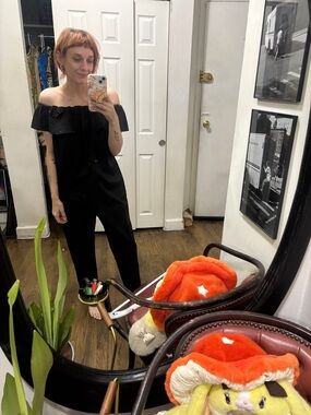 Hatch Black Off-Shoulder Ruffle Jumpsuit